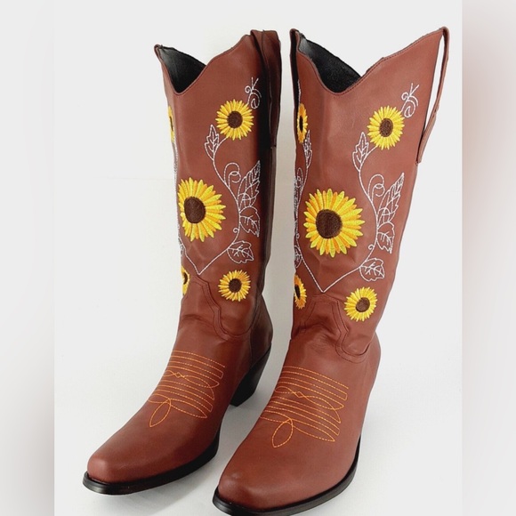 Shoes - Brown Sunflower Embroidered Women's Boots